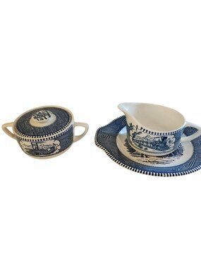 Currier & Ives Blue Sugar Creamer Steamboat